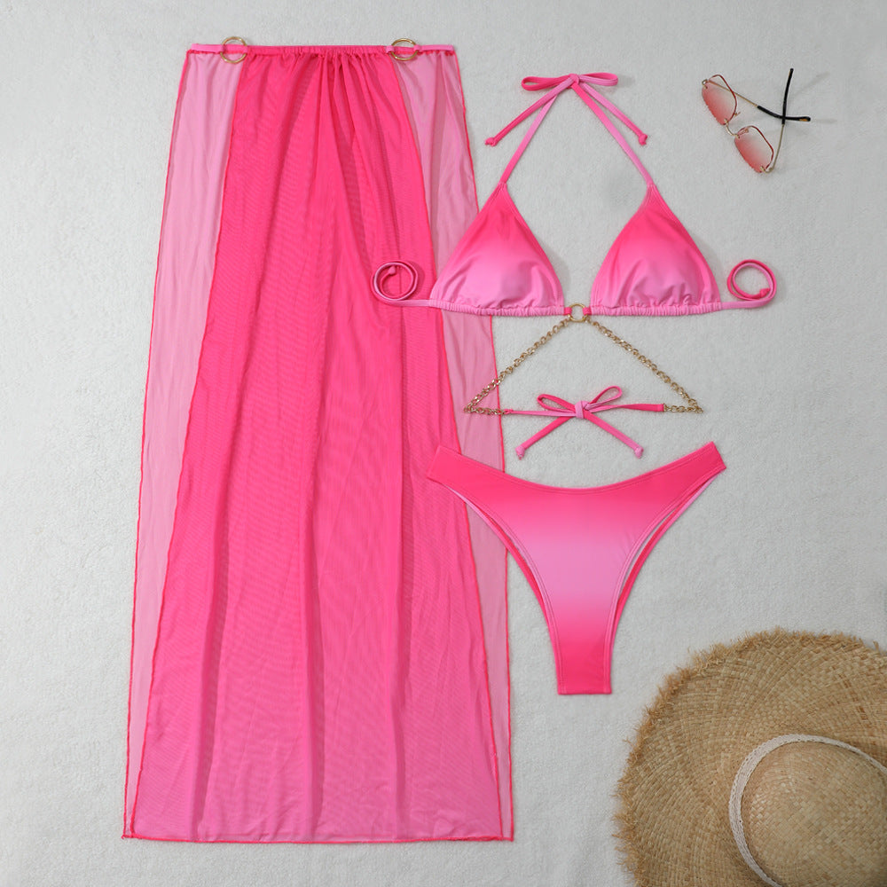 Women Sexy Gradient Mesh Drawstring Strap Bikini Set