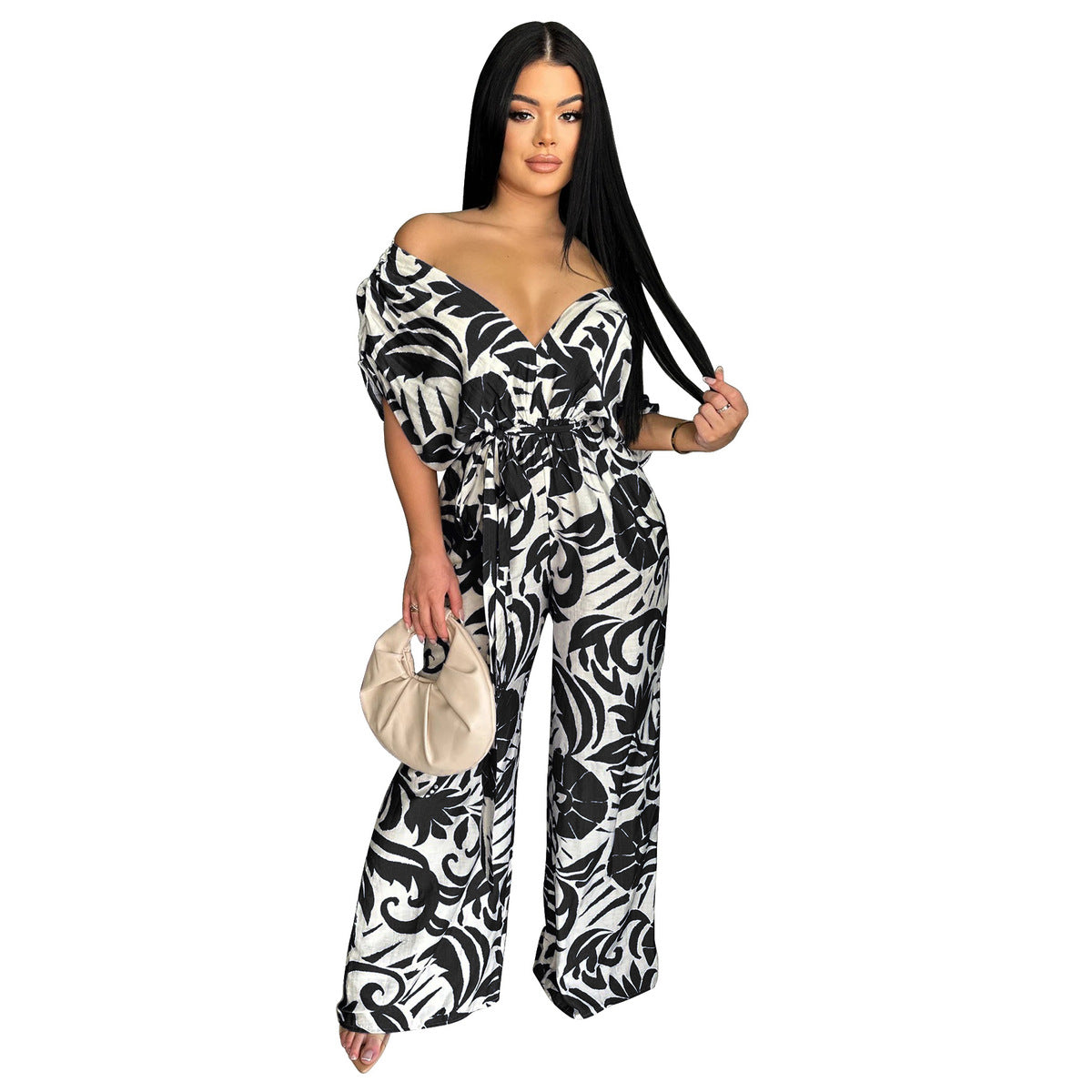 Women Fashion Casual Printed Bat Sleeve Backless Wide-Leg Jumpsuit