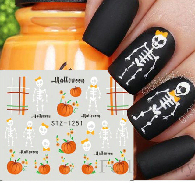 Autocollants pour ongles motif crâne et feuille d'érable pour femme, mode Halloween
