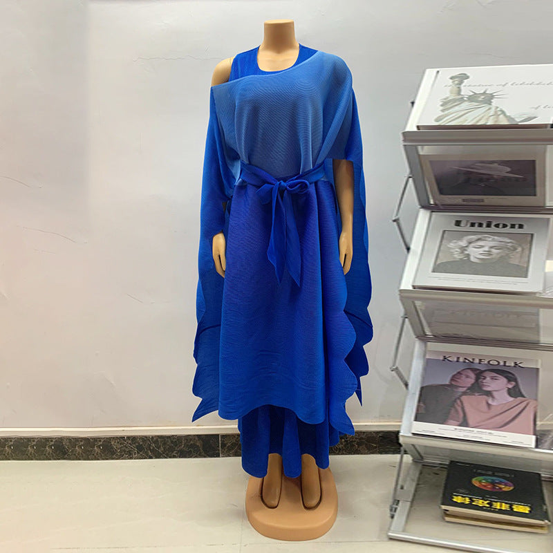 African Women Fashion Pleated Cape Ruffled Dress Set