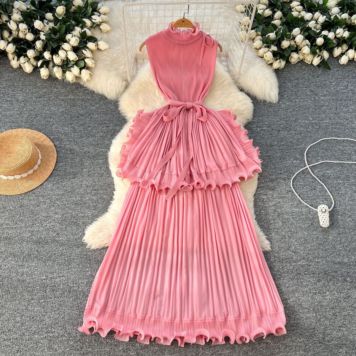 African Women Summer Pleated Ruffled Maxi Dress