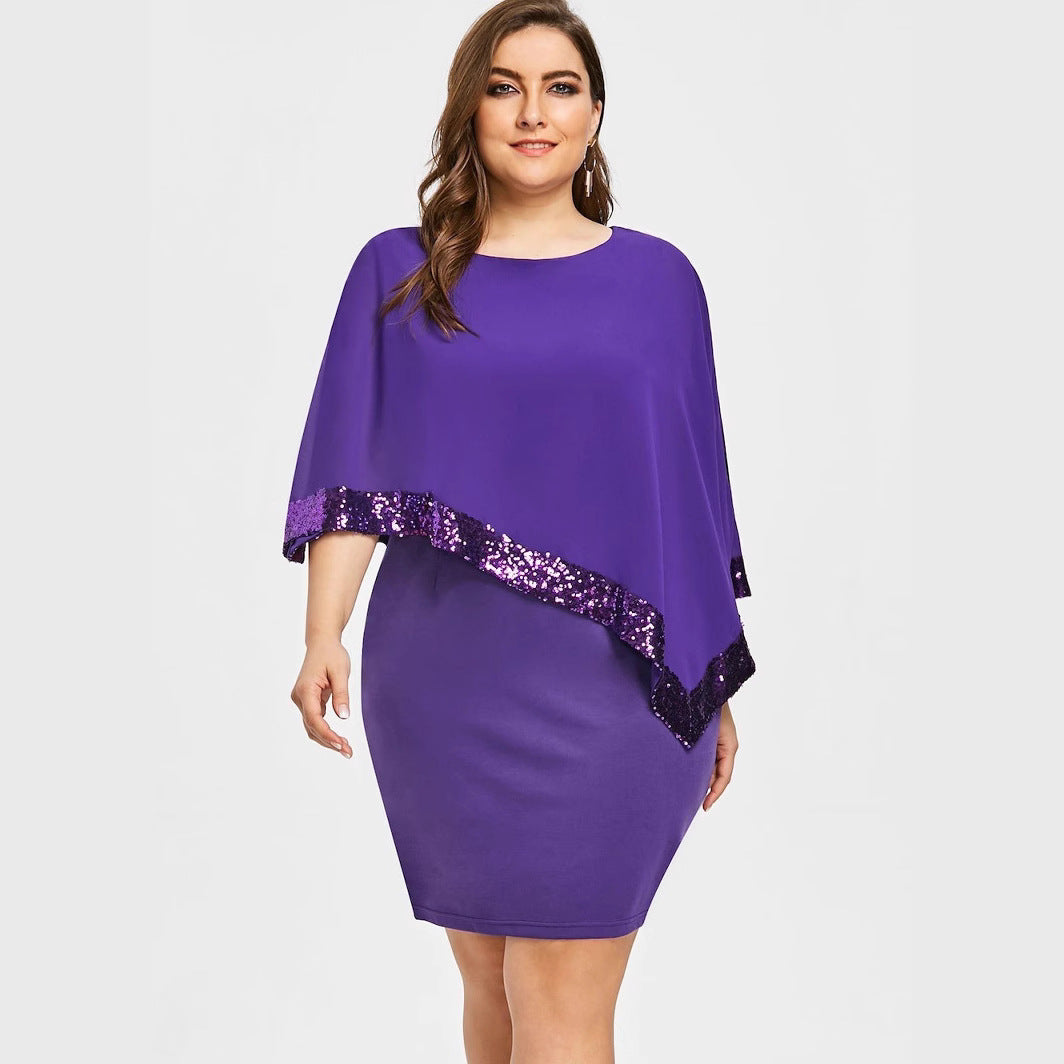 Robe irrégulière à manches courtes et sequins grande taille pour femme