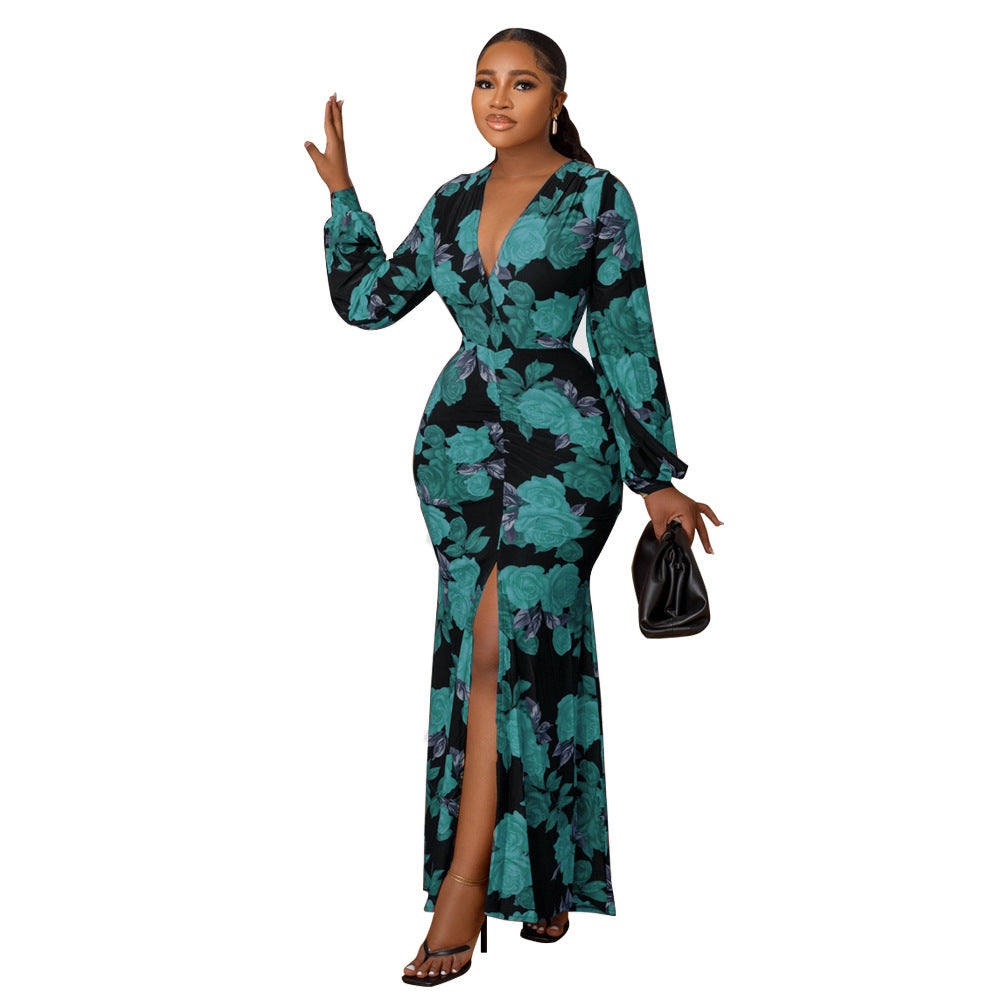 Vestido largo sexy con estampado floral en V profundo para mujer