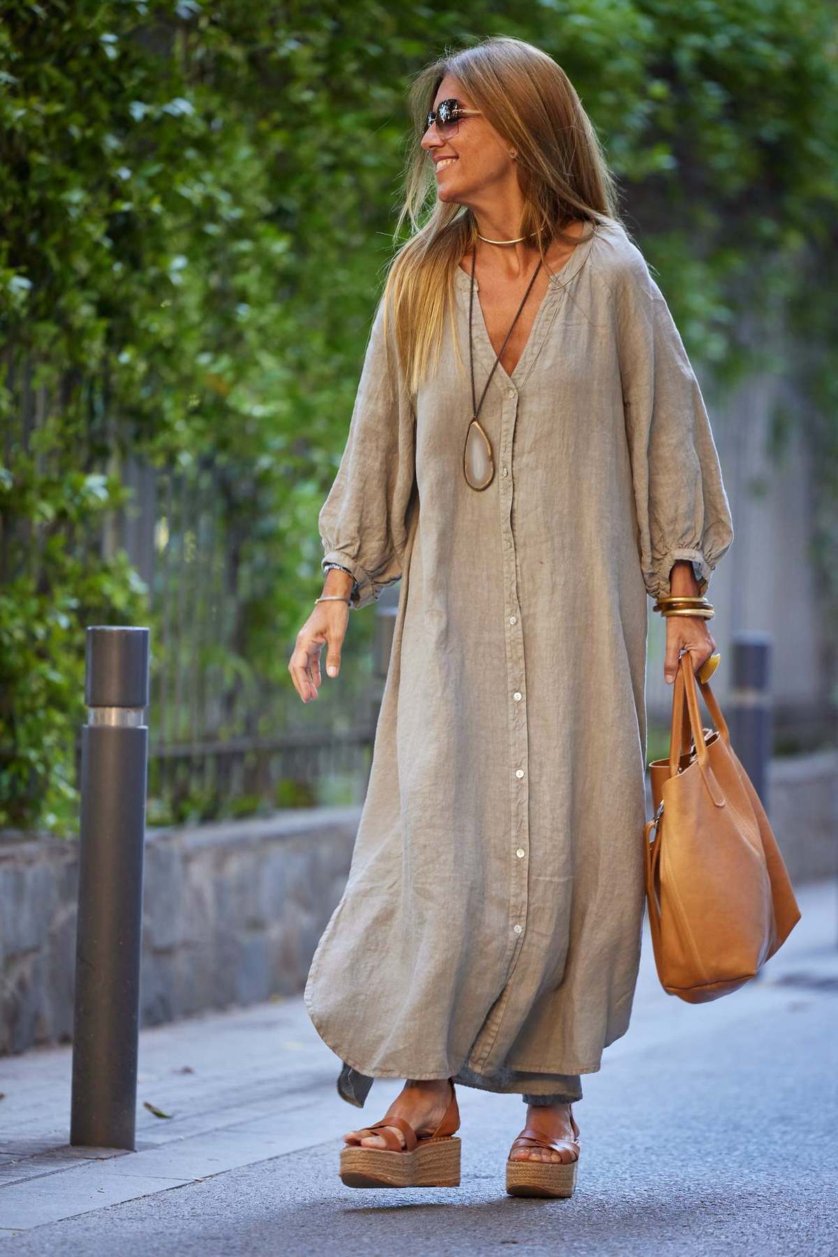 Vestido largo elegante de lino y algodón informal a la moda para mujer