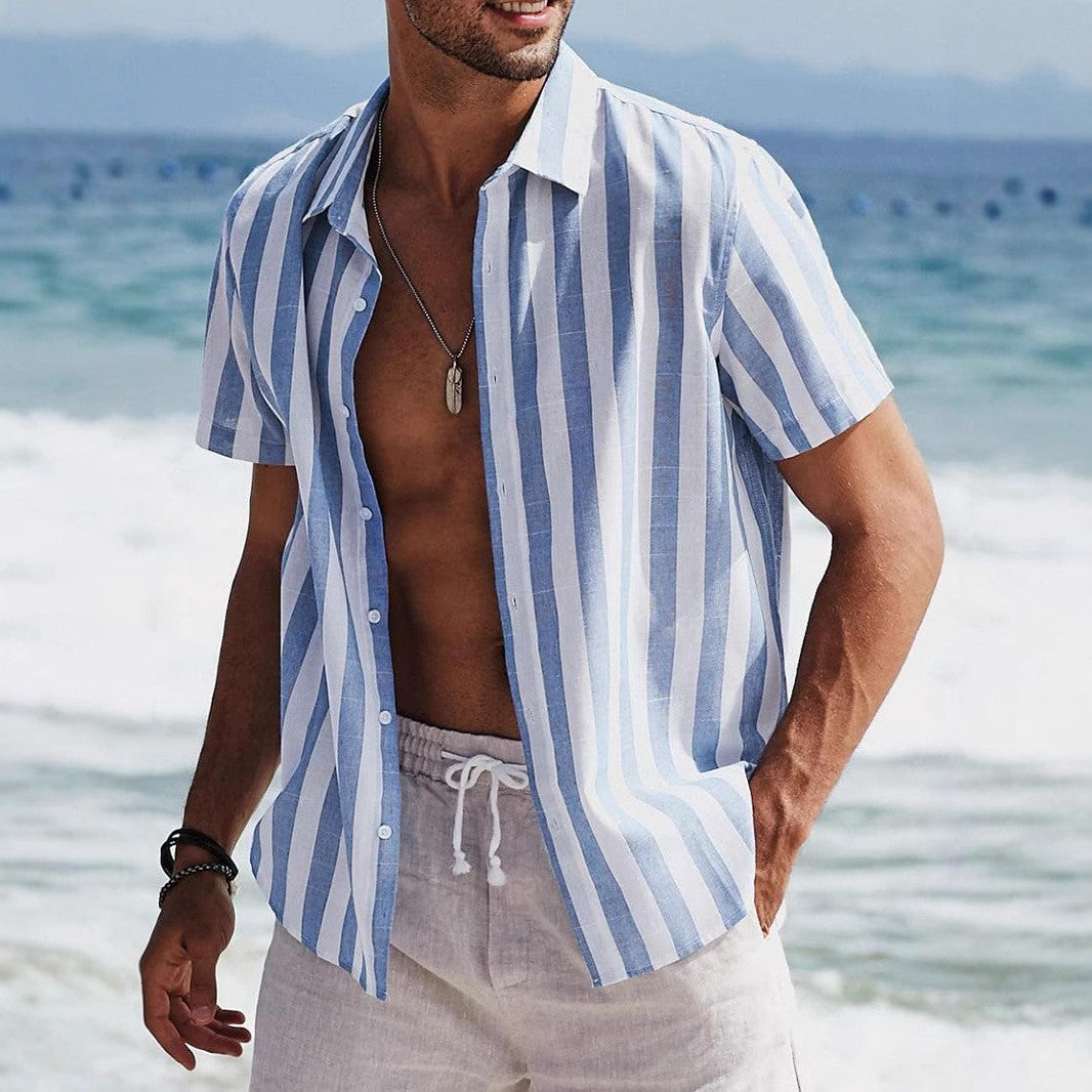 Men'S Casual Stripe Lapel Short Sleeve Shirt