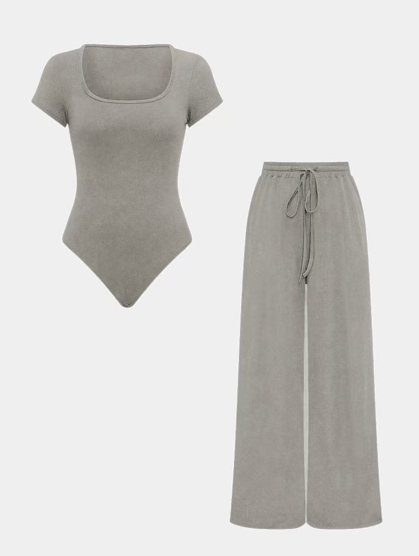 Women’s Solid Color Rib-Knit Bodysuit Pants Set