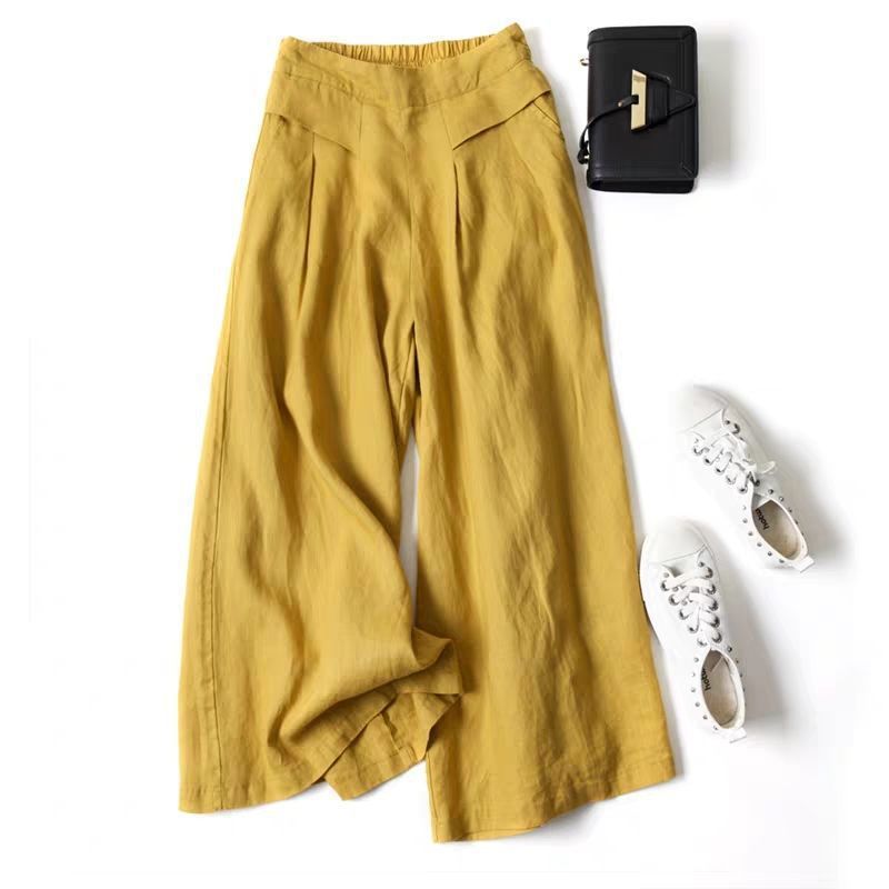 Pantalones anchos informales de algodón y lino de color liso para mujer
