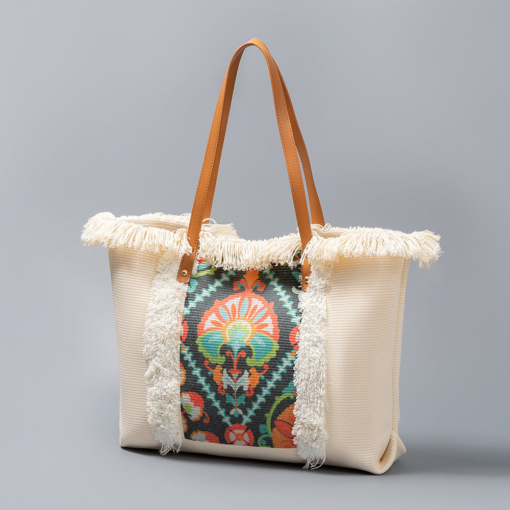Bolso tote de lona con borlas de gran capacidad estilo bohemio