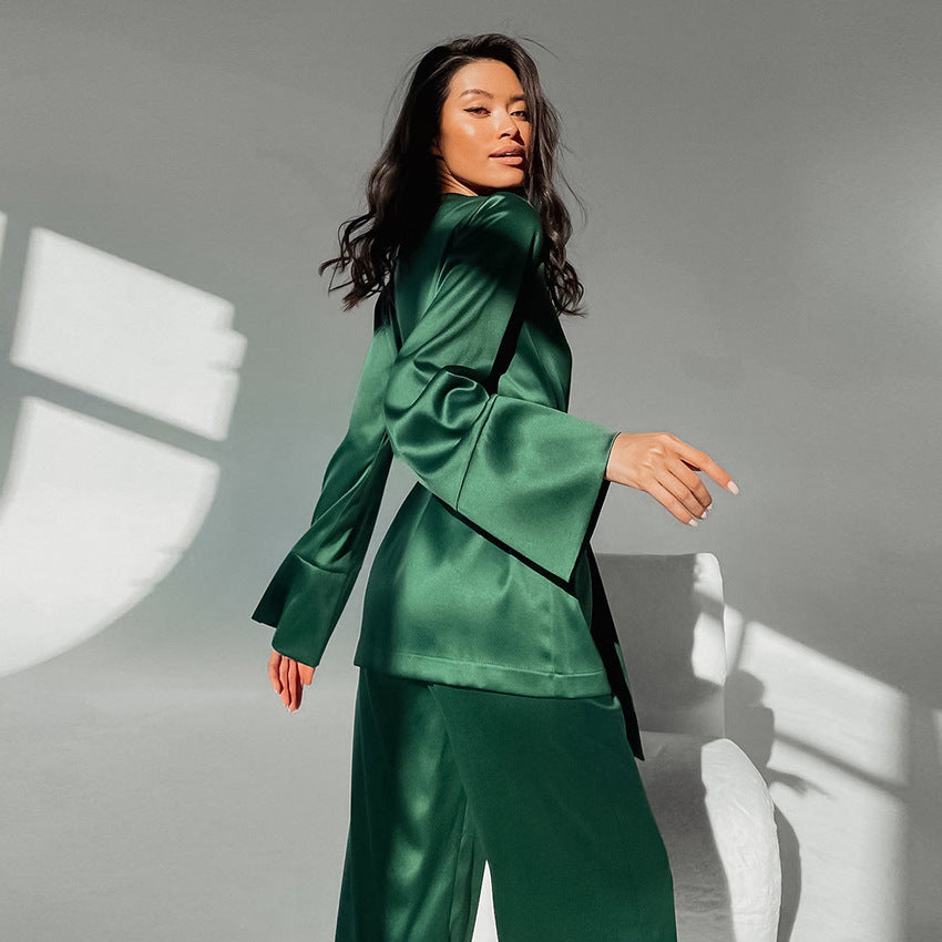 Women Fashion Loose Ice Silk Comfortable Long Sleeve Pajamas Set