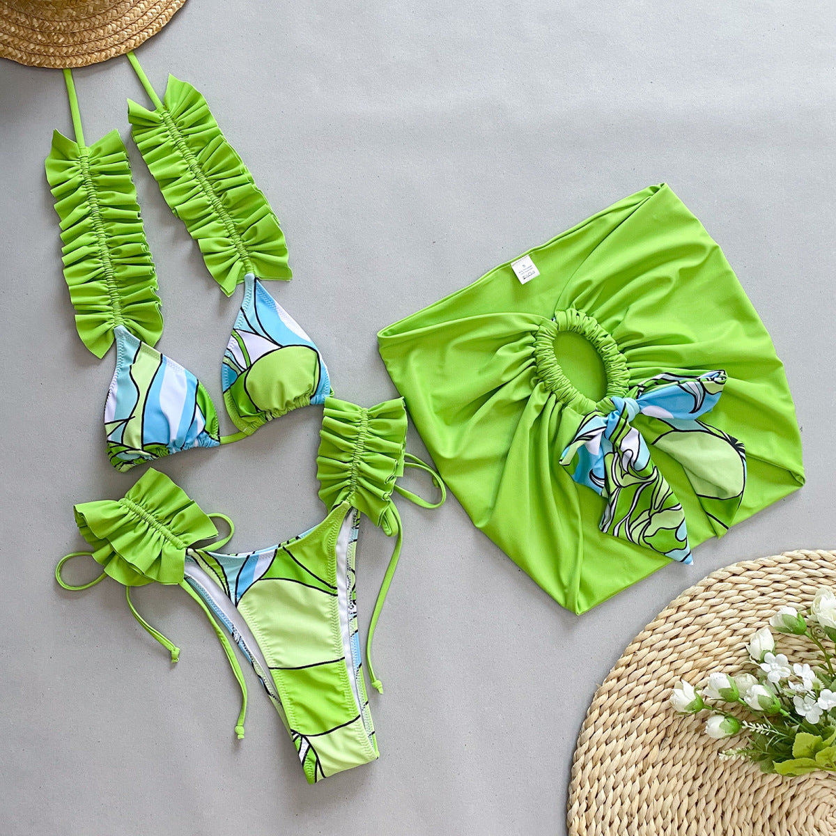 Conjunto de tres piezas para mujer, traje de baño con volantes para vacaciones de verano