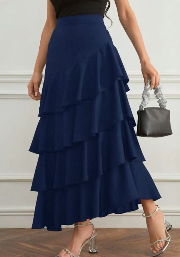 Women Fashion Casual Solid Color Ruffled High Waist Skirt