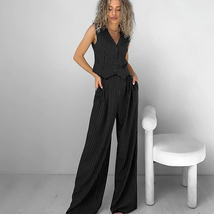 Women Fashion Casual Solid Color Stripe V-Neck Tank Set