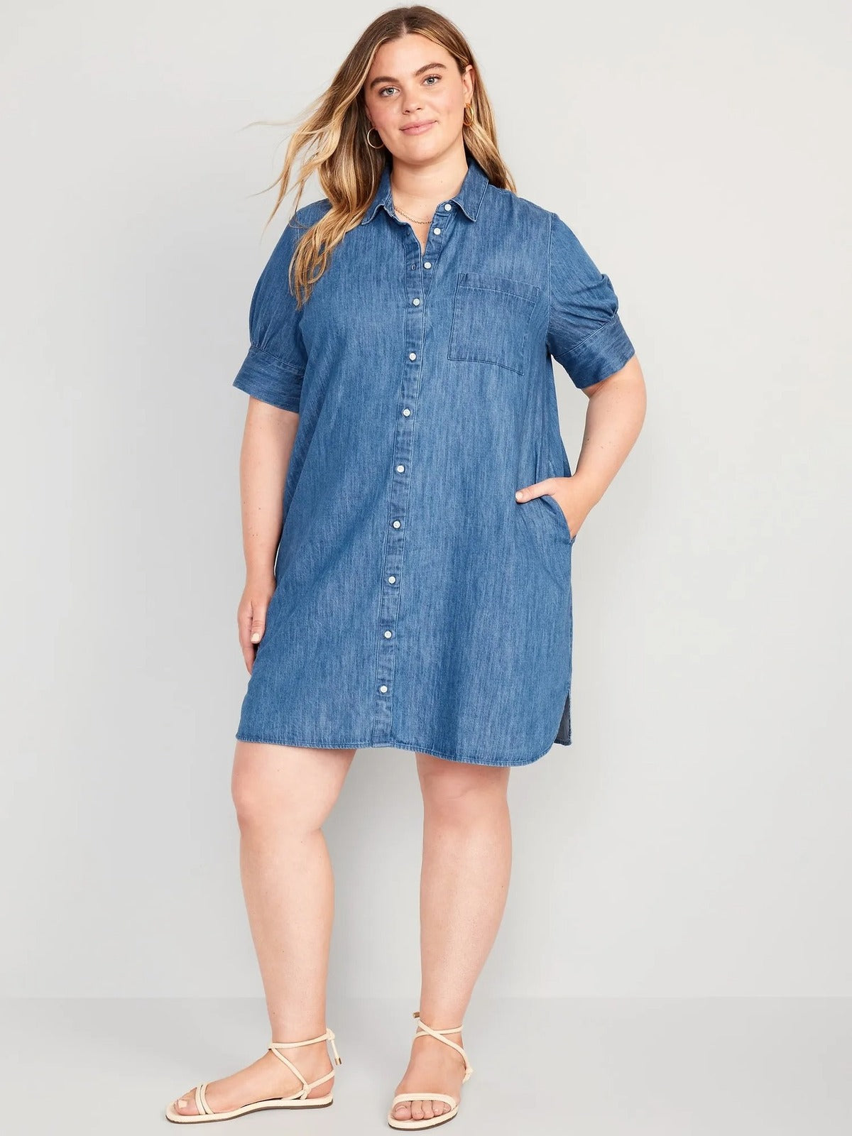 Vestido informal sencillo de manga corta con solapa para mujer