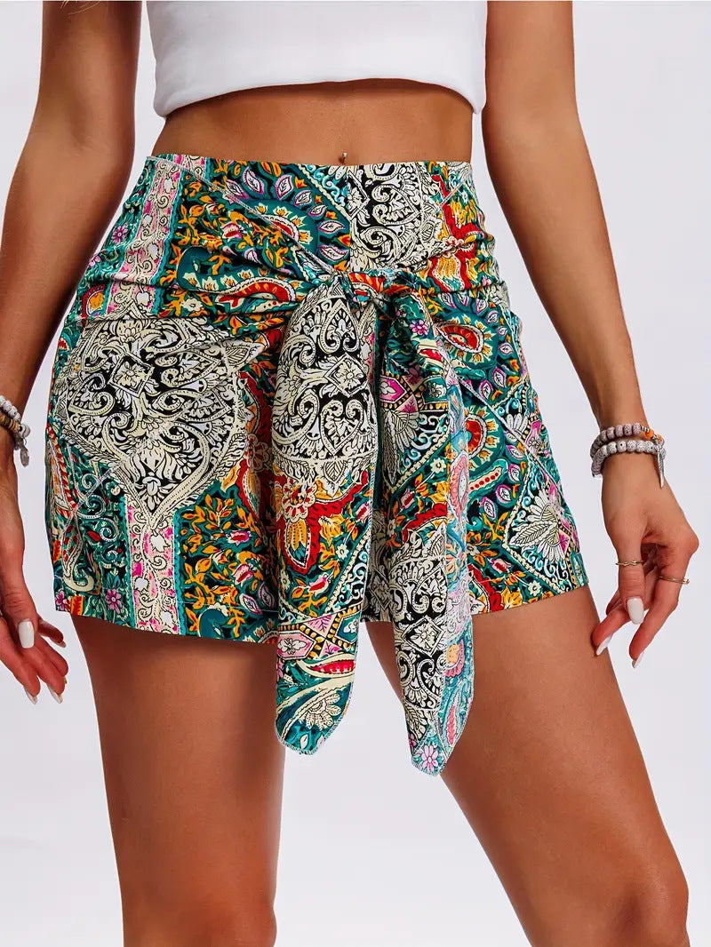 Pantalones cortos de cintura alta con estampado bohemio informal a la moda para mujer