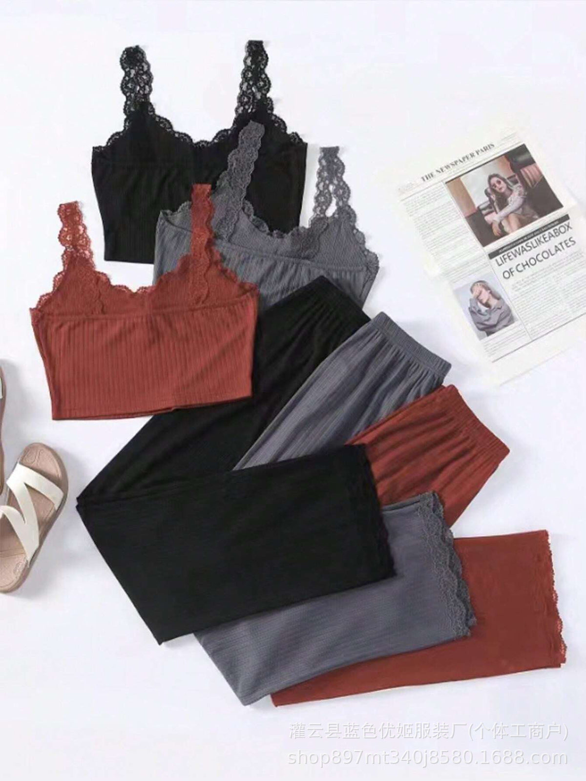 Women Solid Color Lace-Trimmed Crop Top and Loose Pants Pajama Set