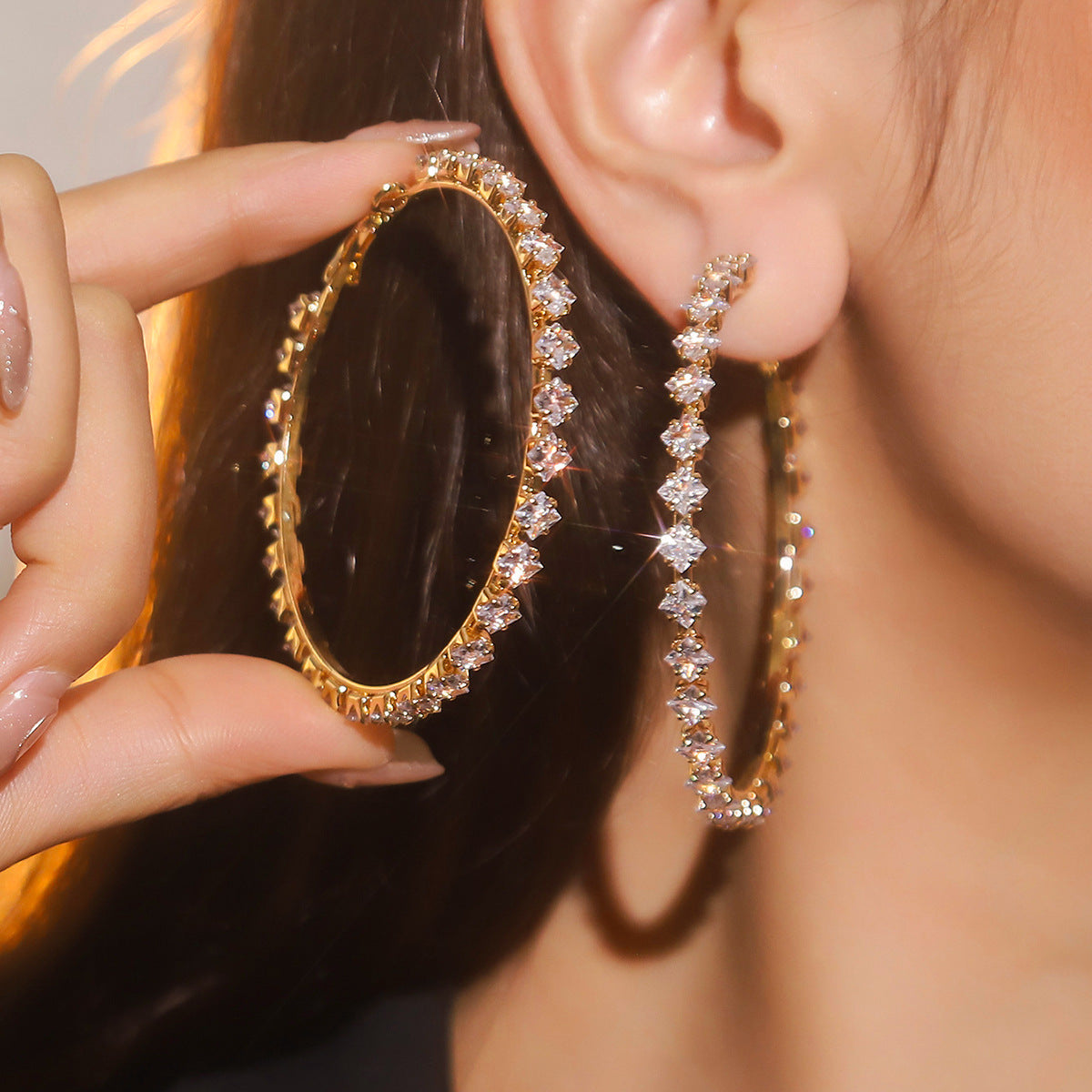 Exaggerated Rhinestone Hoop Earrings with Geometric Style