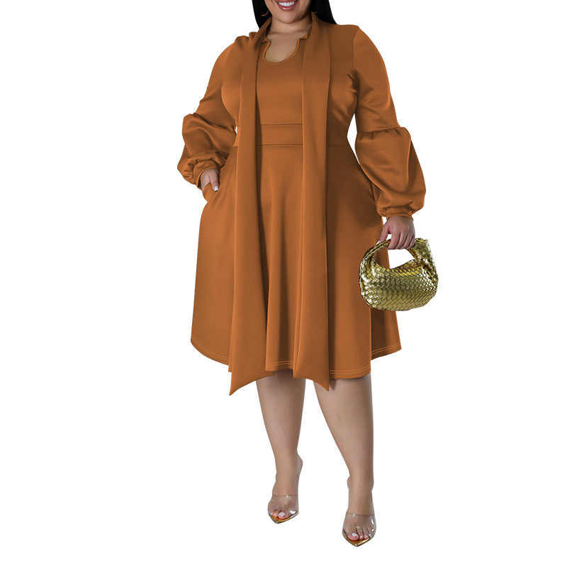 Women Fashion Causal Solid Color Long Dress with Bubble Sleeves