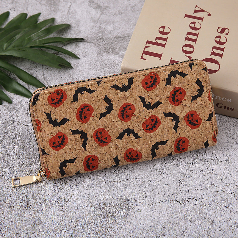 Monederos con cremallera multicapa con estampado de calabaza y murciélago de Halloween para mujer