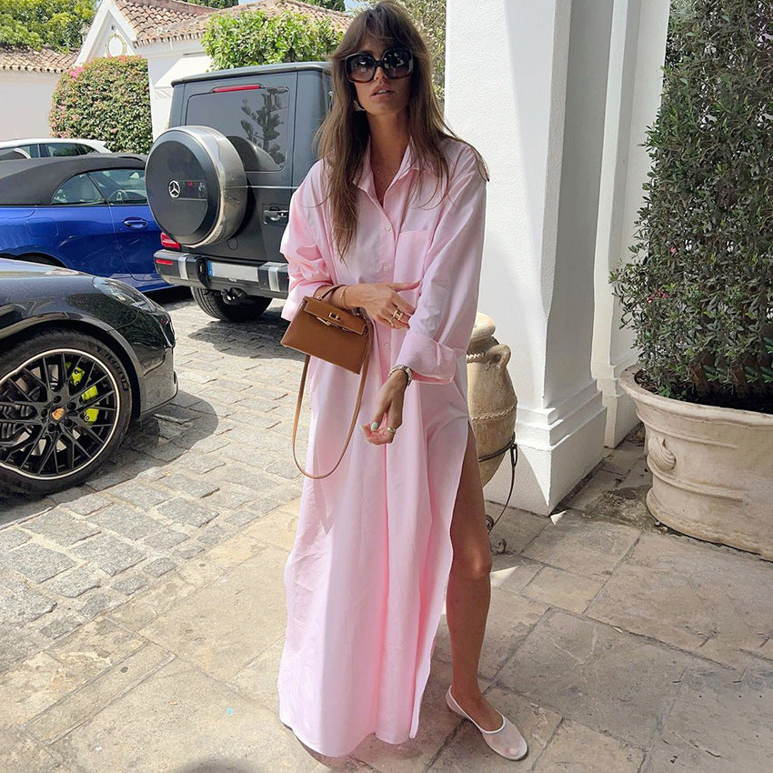 Vestido camisero informal de manga larga con solapa y abertura en color liso para mujer