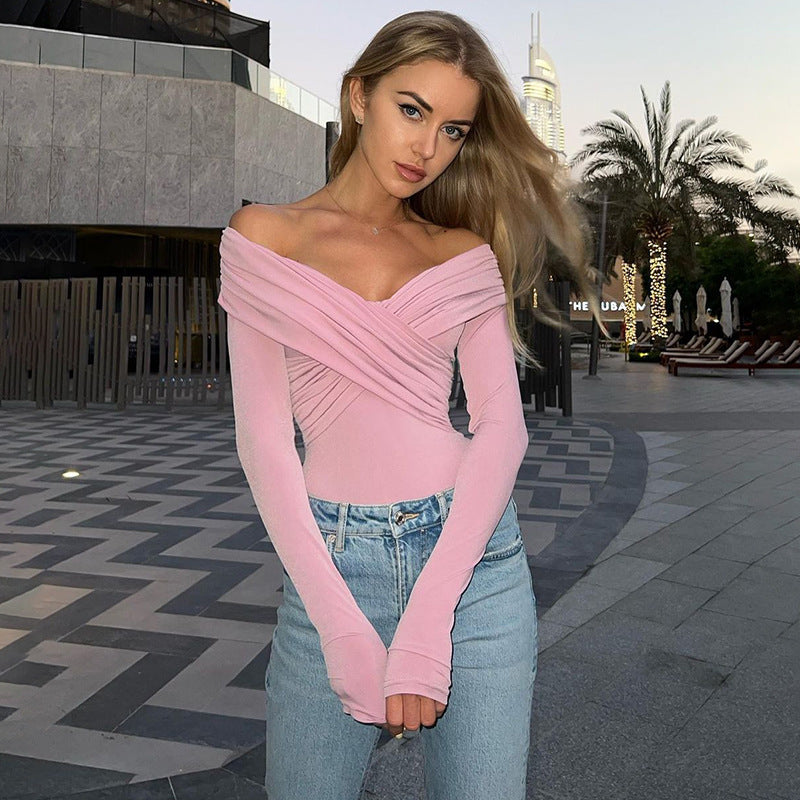 Body elegante de primavera y otoño con escote en V y hombros descubiertos y manga larga