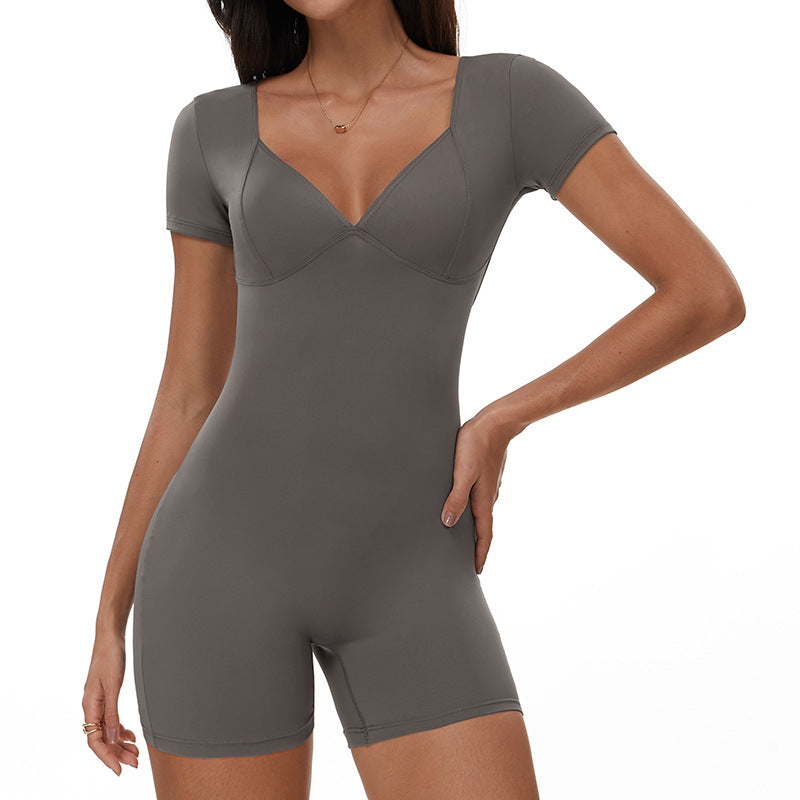 Women Solid Color V-Neck Short-Sleeve Backless Yoga Romper
