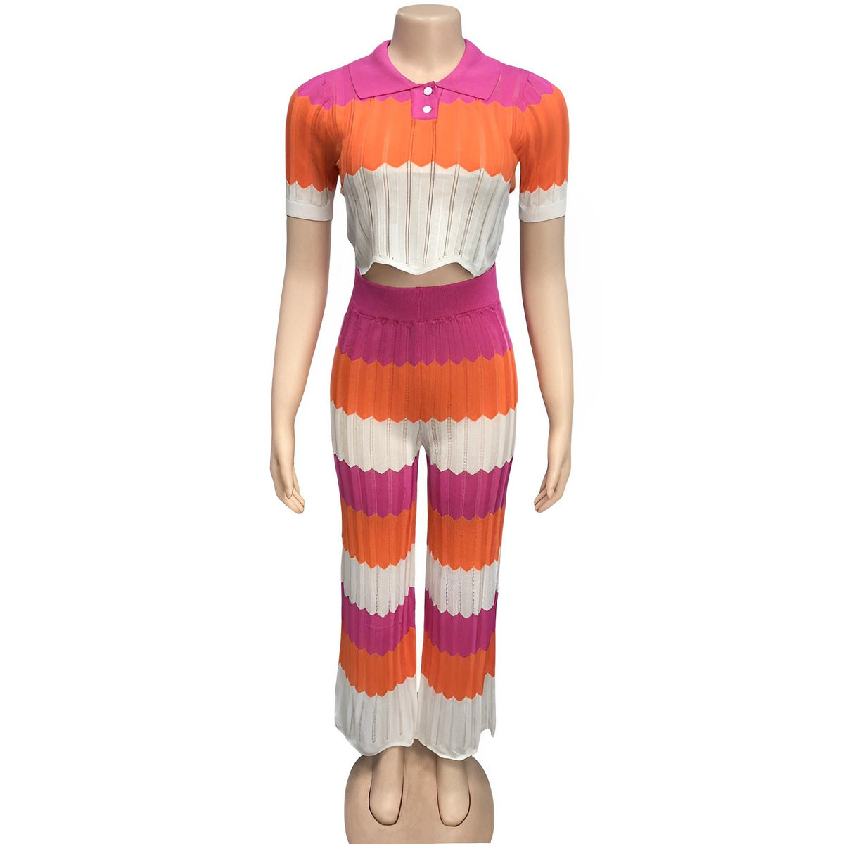 Women'S Fashion Polo Knit Short Sleeve Top with Wave Color