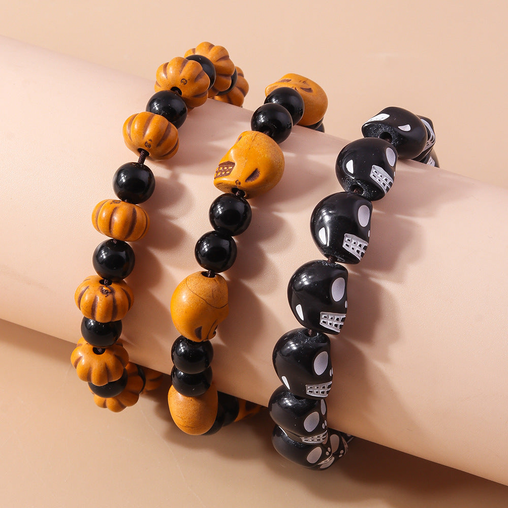 Pulsera de cuentas de calabaza y calavera divertida de Halloween para mujer, juego de 3 piezas