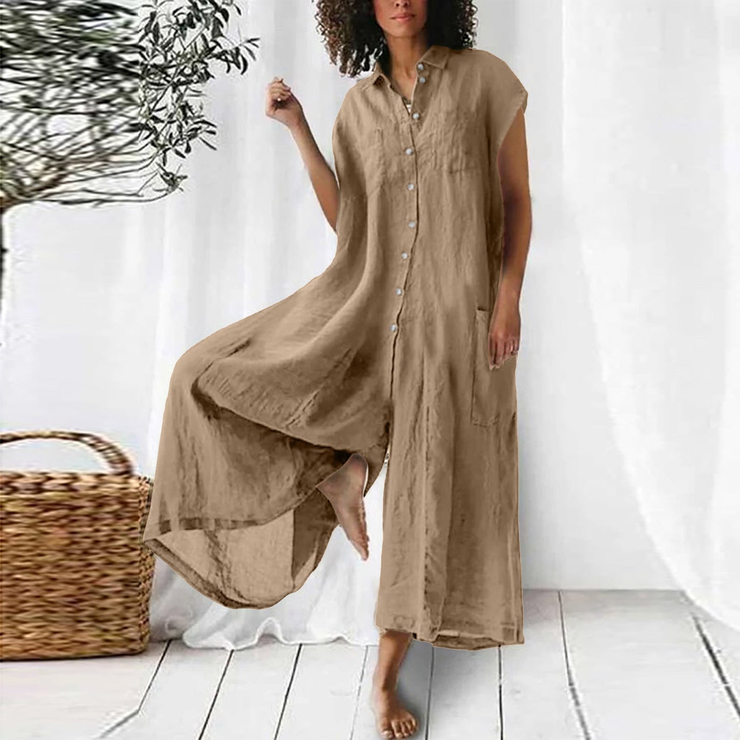 Combinaison en lin décontractée et confortable pour femme