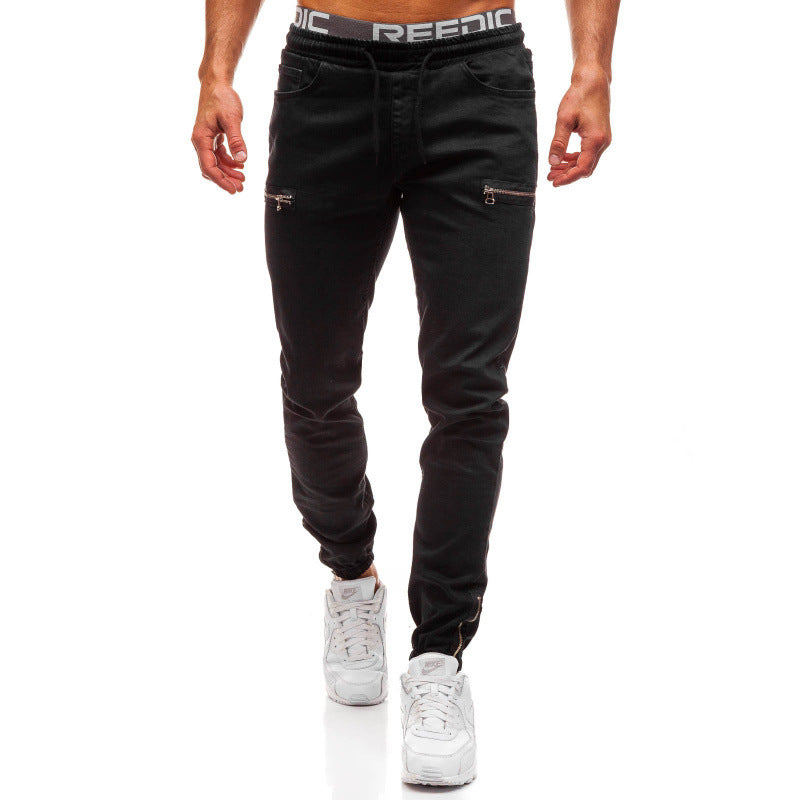 Pantalones casuales de mezclilla esmerilada con cremallera y cordón para hombre