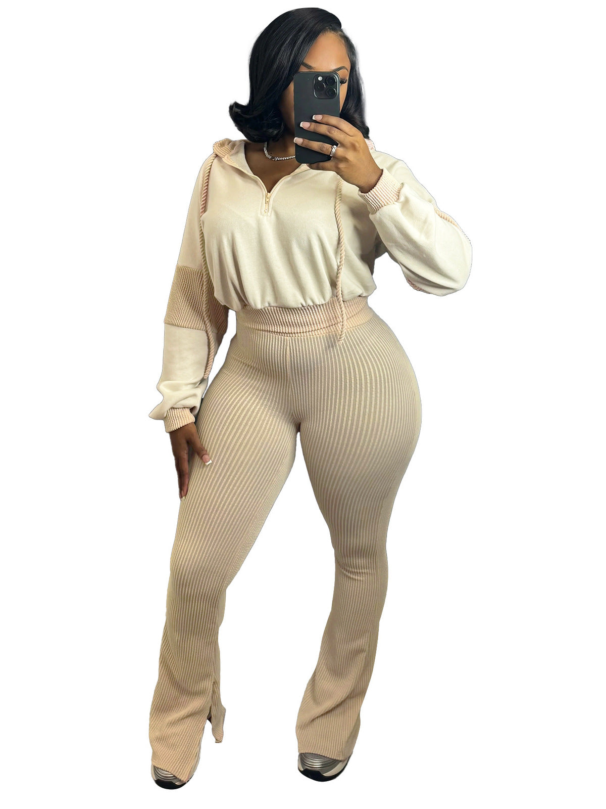 Women Casual Long-Sleeve Hoodie and Flare Pants Set