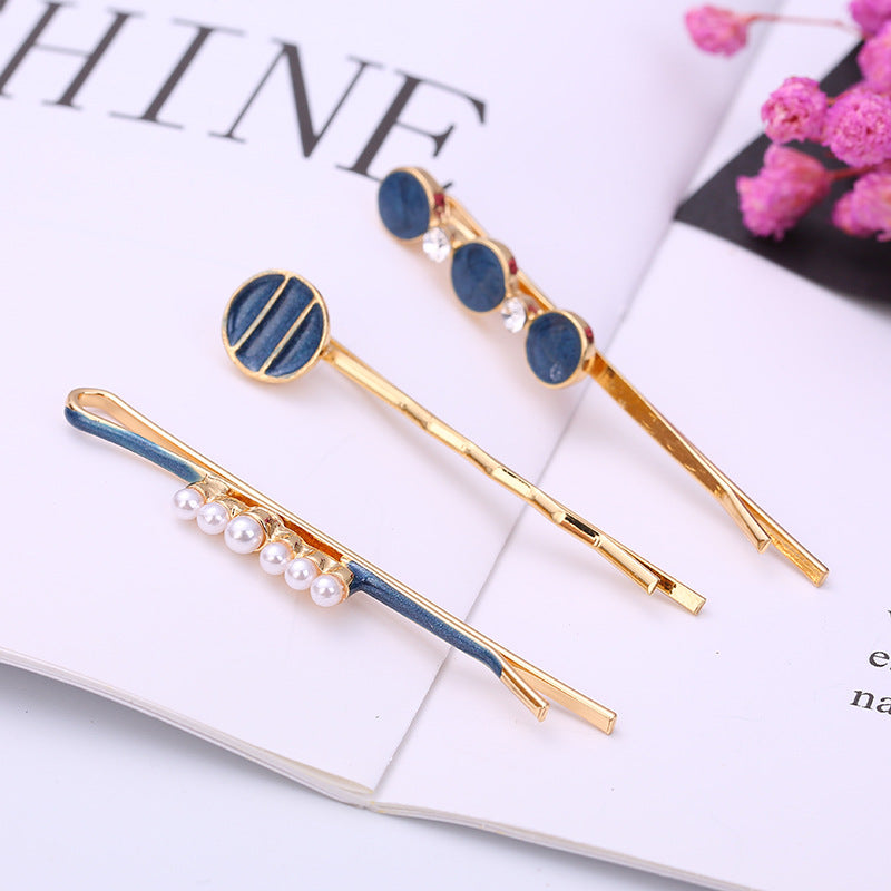 Women Fashion Round Multicolor Beads Rhinestone Hairpin Set