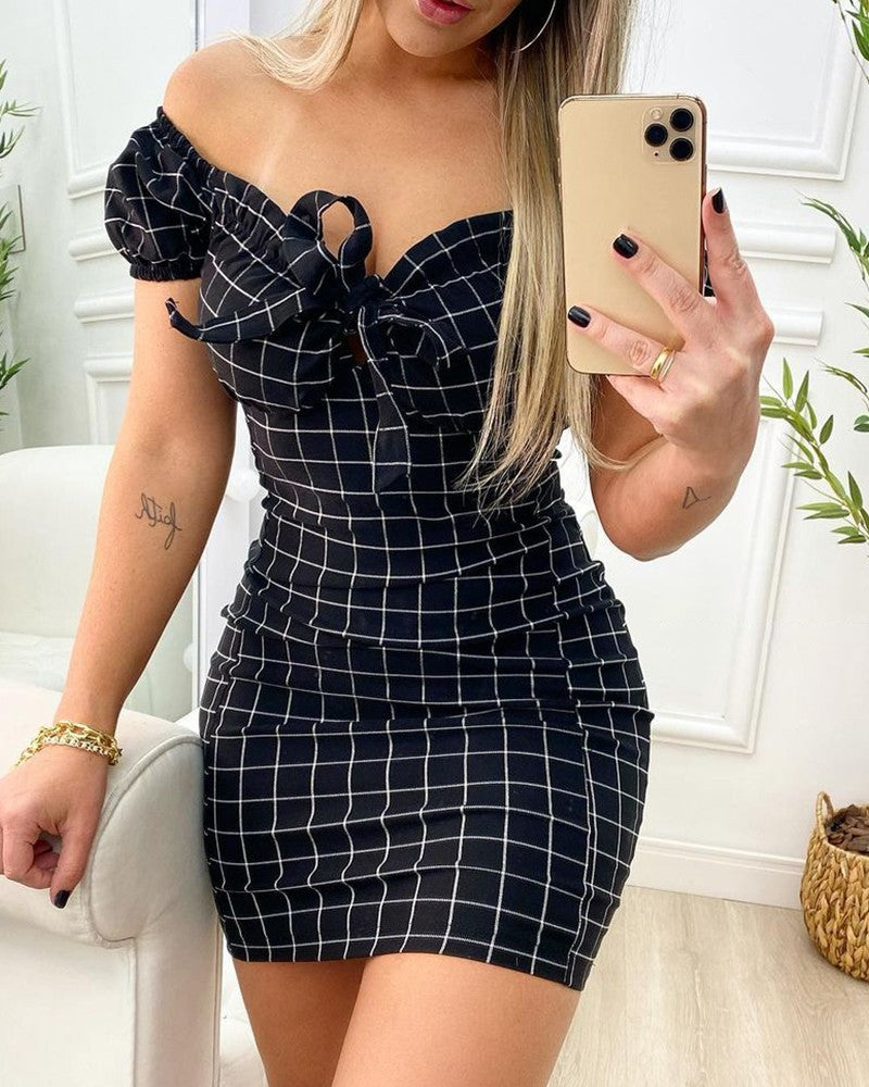 Women Fashion Sexy Plaid Printed Off Shoulder Dress