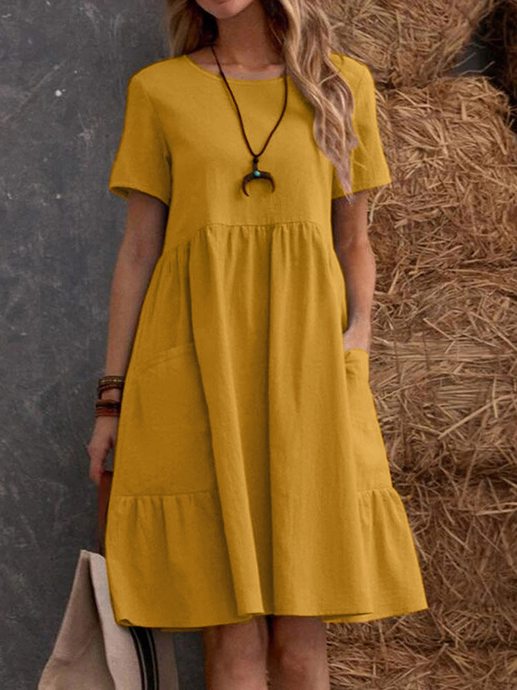 Vestido informal holgado de lino y algodón con cuello redondo para mujer