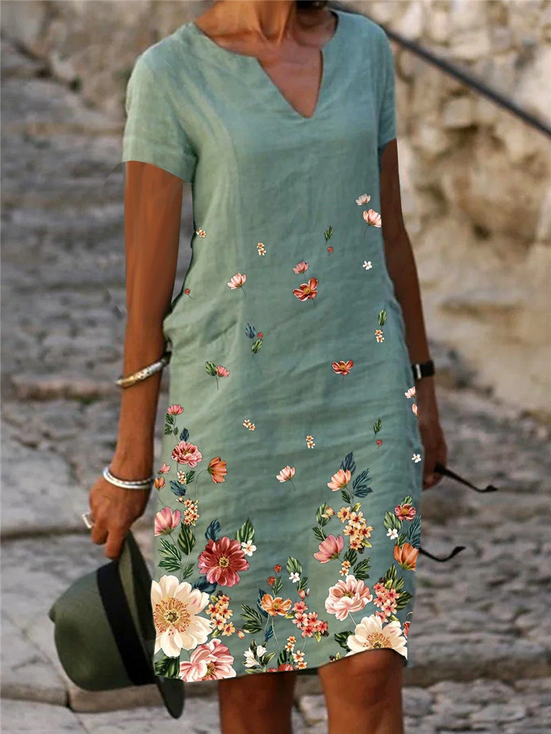 Vestido informal de mujer con estampado floral, manga corta y cuello en V