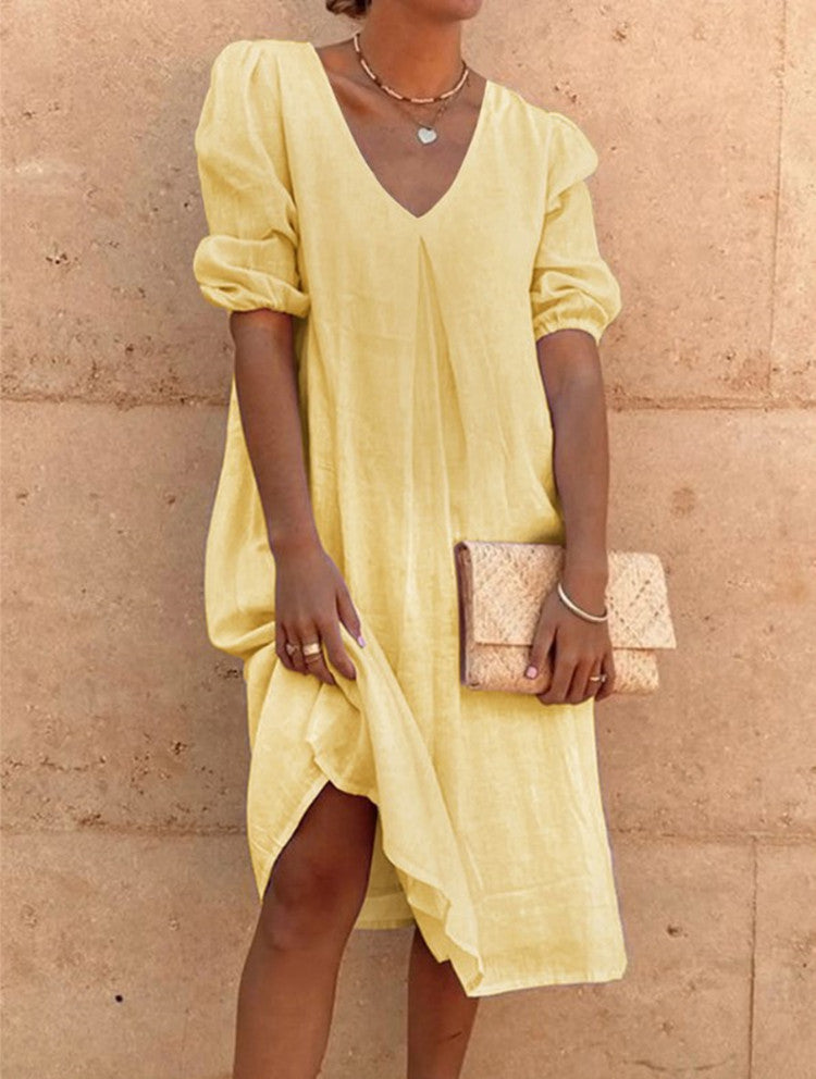 Women Casual Long Sleeve Cotton Linen Dress