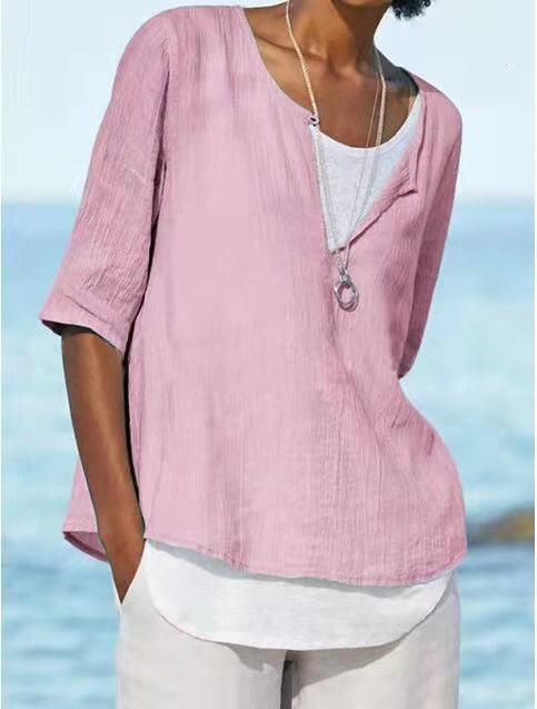 Blusa informal de lino con cuello en V y color liso para mujer