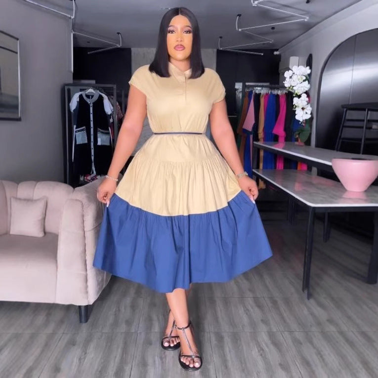 Women Fashion Casual Color Block Pleated Dress