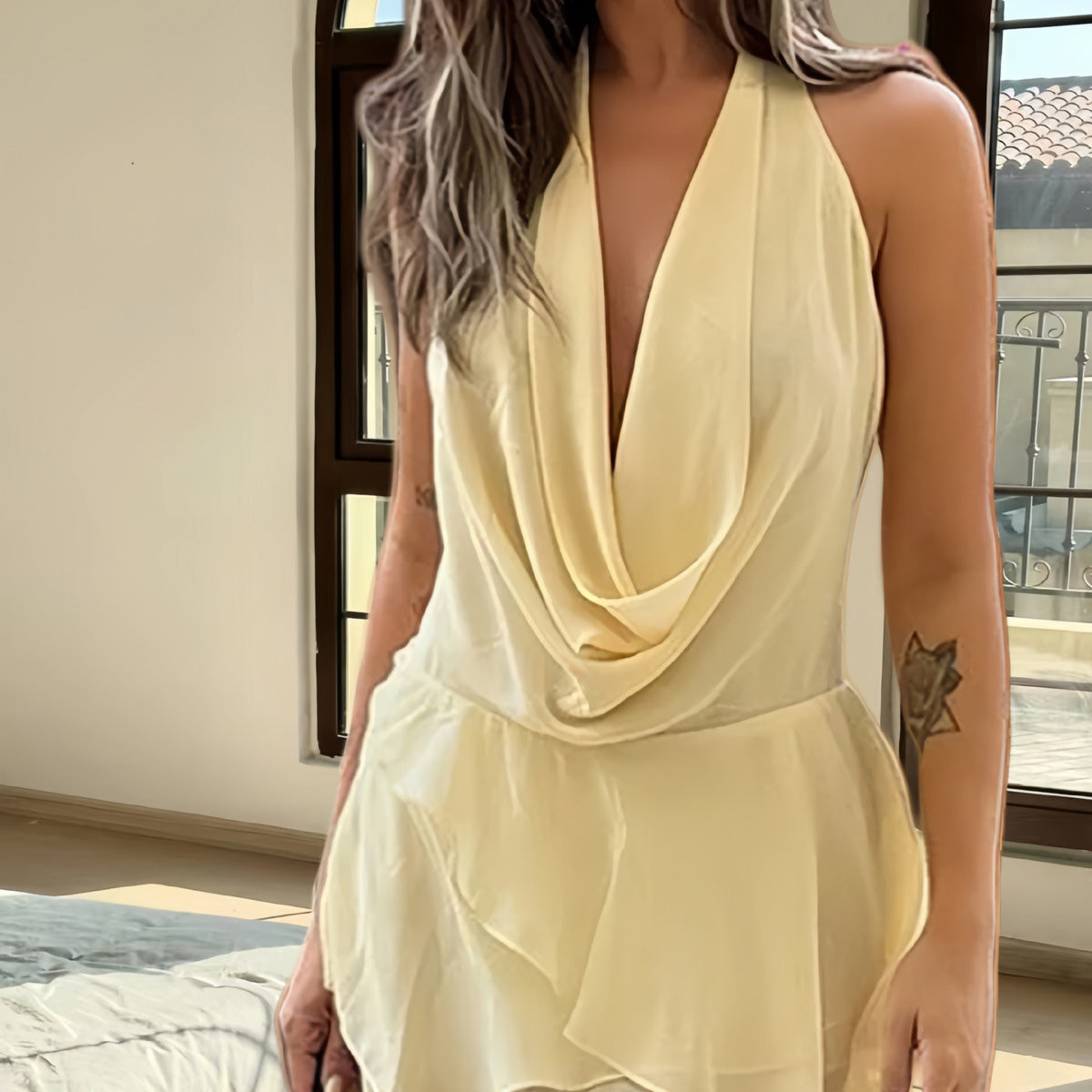 Robe sexy en mousseline de soie de couleur unie pour femme