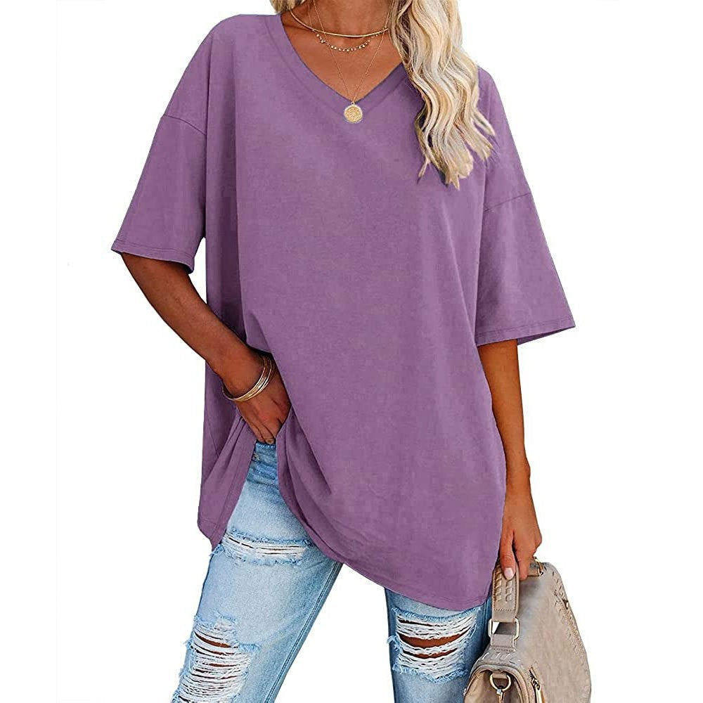 Camiseta informal holgada de manga corta con cuello en V para mujer, color liso