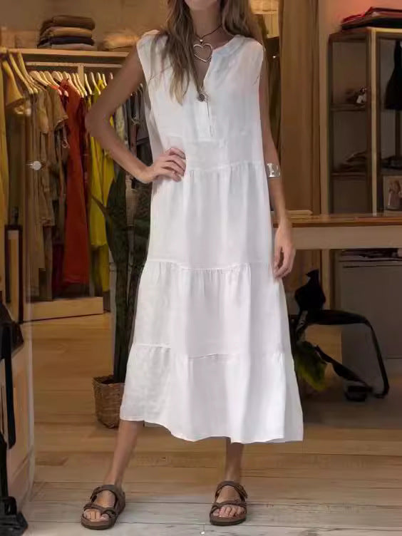 Vestido largo informal de verano para mujer, color liso, con cuello en V