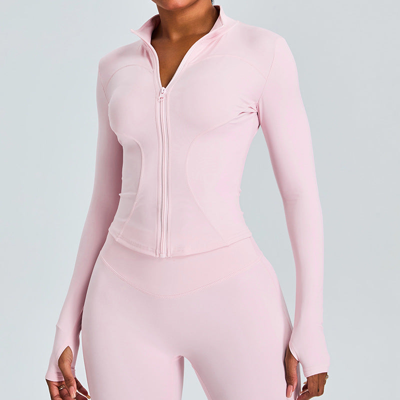 Veste de sport décontractée à manches longues et fermeture éclair pour femme, couleur unie, idéale pour le yoga