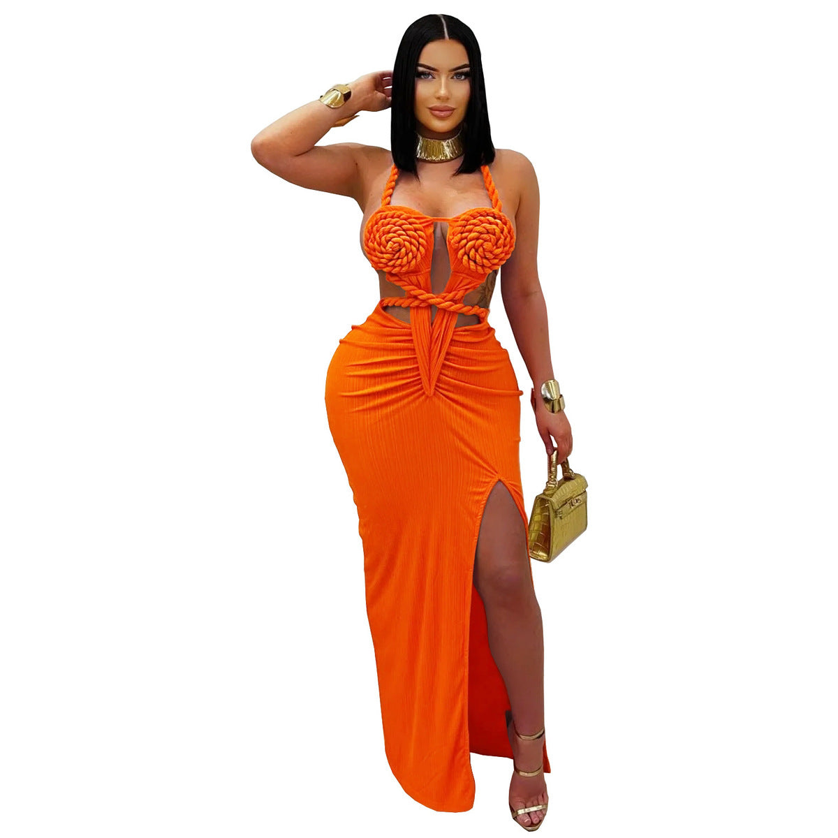 Robe dos nu sexy à col licou ajouré de couleur unie pour femme
