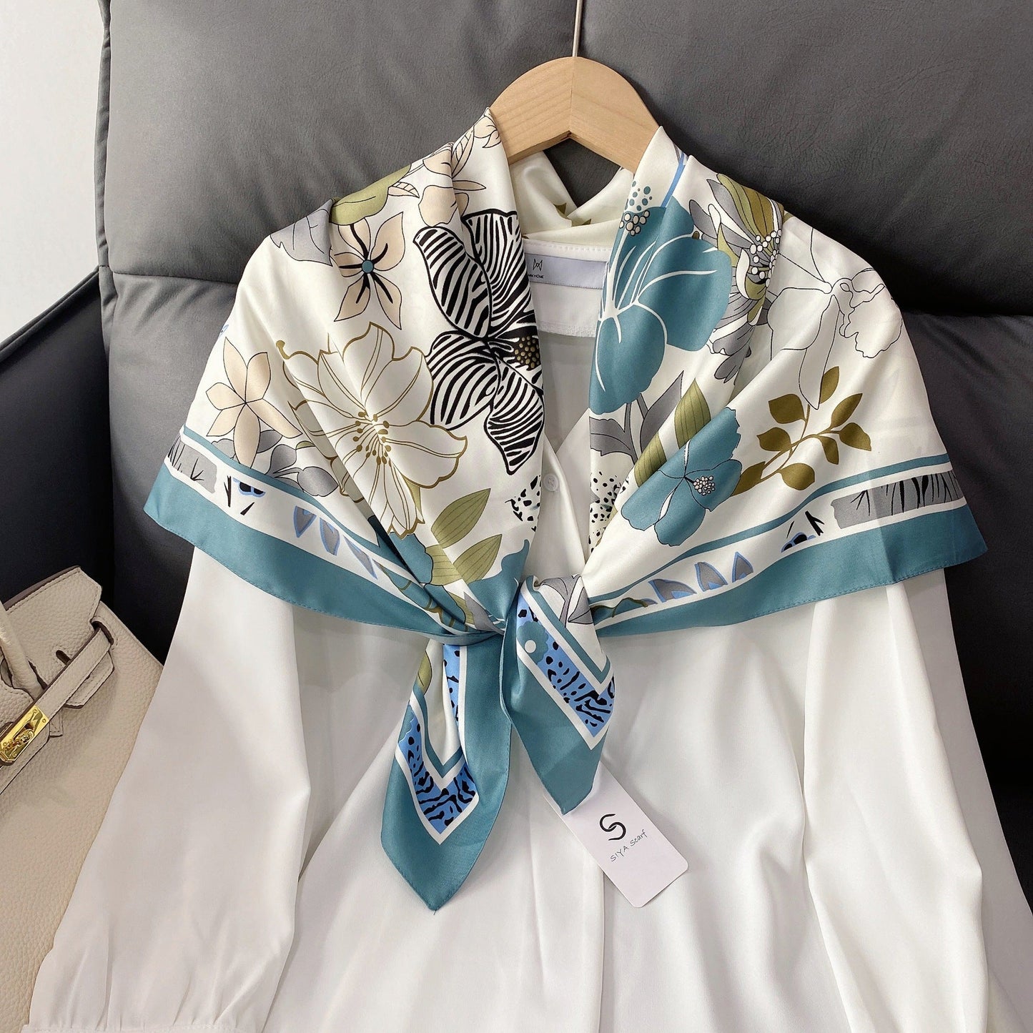 Bufanda de seda con estampado geométrico y floral de verano para mujer