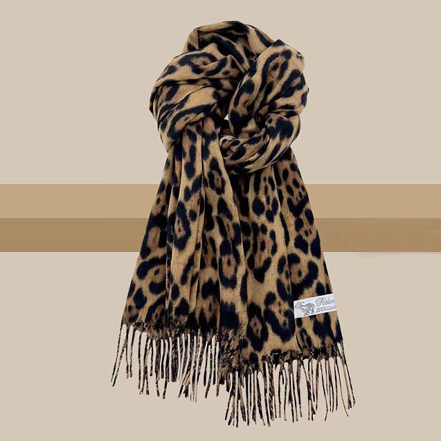 Écharpe à pompons léopard vintage pour femme, accessoire de mode élégant