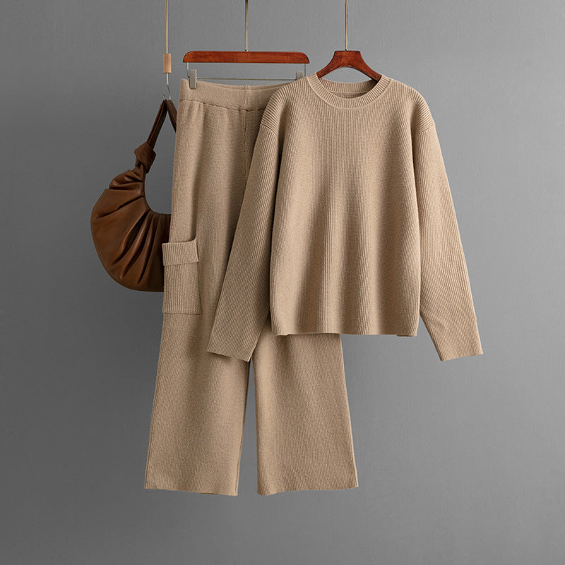 Conjunto de dos piezas de punto de color liso a la moda para mujer
