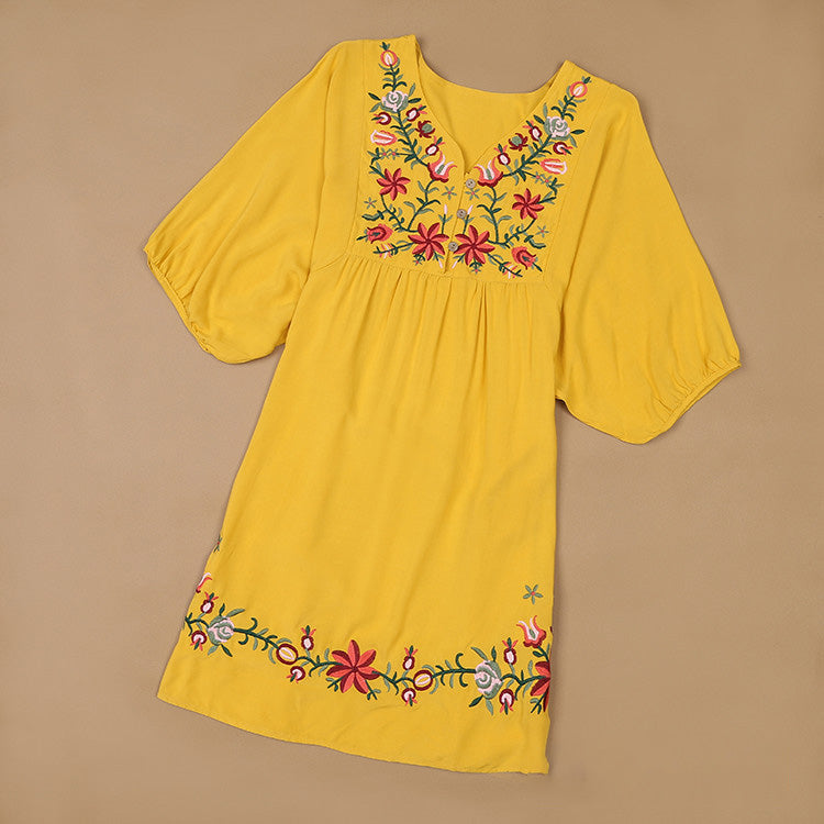Women Casual Boho Floral Embroidered V-Neck Short-Sleeve Dress