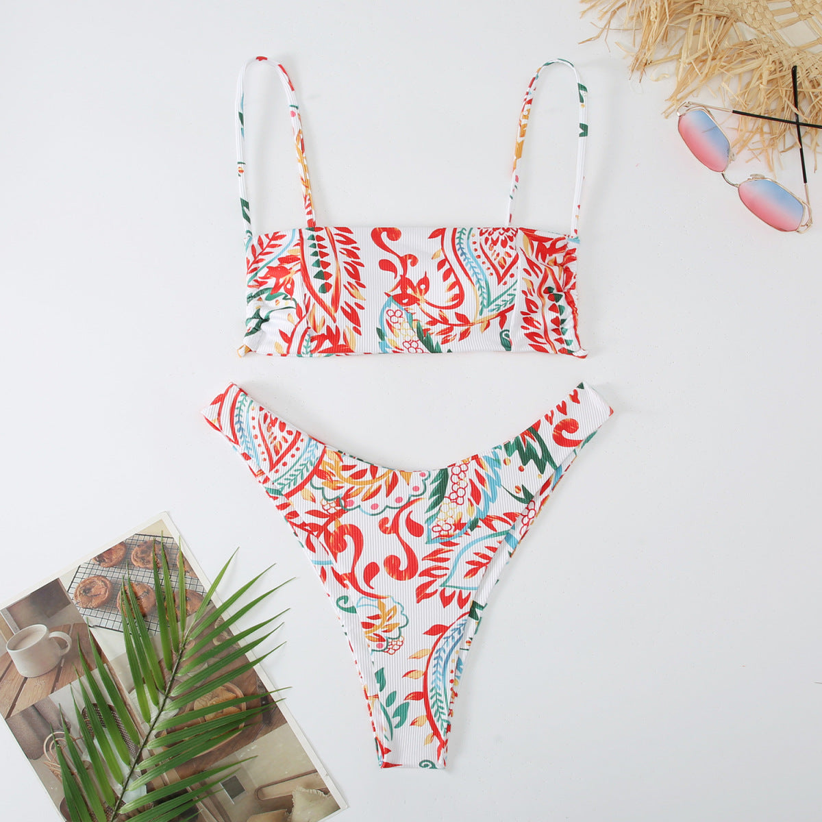Summer Vacation Bikini Leaf Printed Women Swimsuit