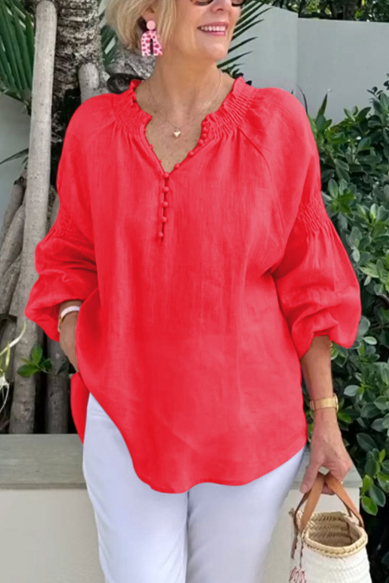 Blusa informal de color liso con cuello en V para mujer