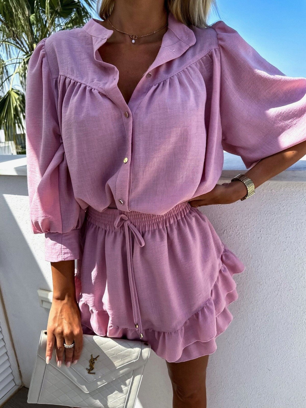Conjunto de dos piezas formado por camisa, falda y pantalón corto, informal, de lino y algodón, a la moda para mujer