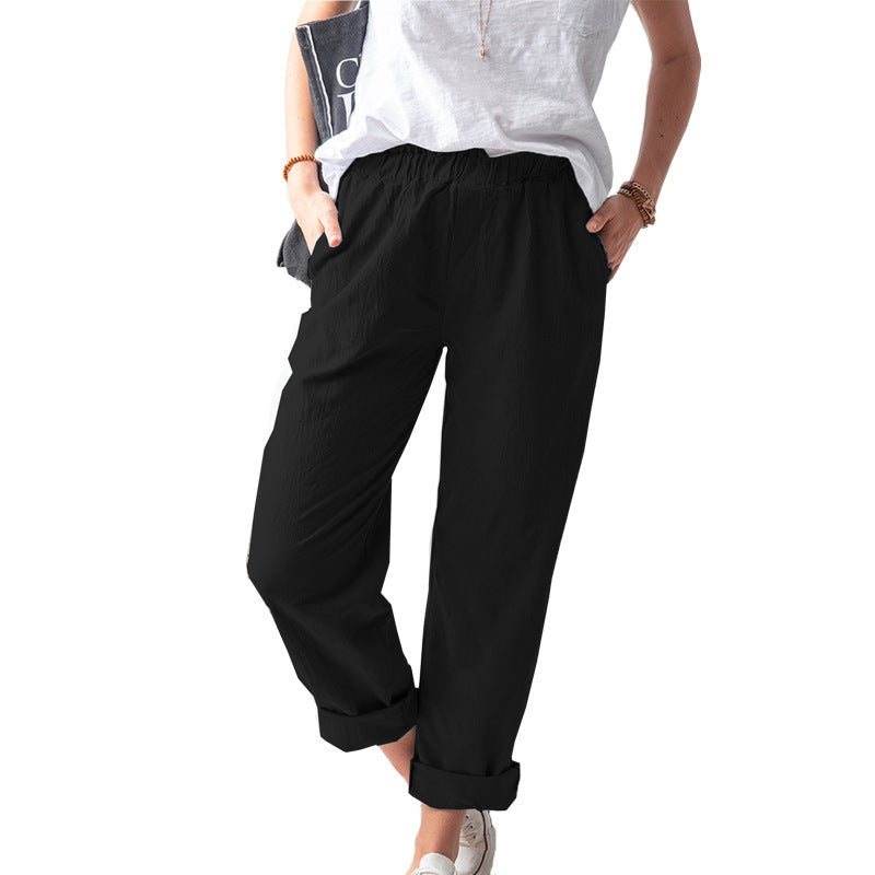 Women Casual Solid Color Cotton And Linen Pants